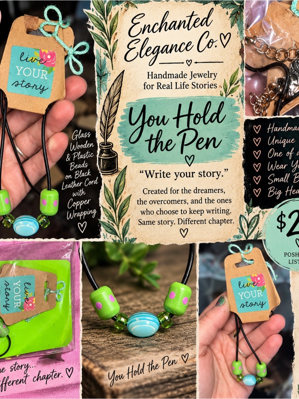 'You Hold the Pen' Green & Aqua Copper Handmade Necklace